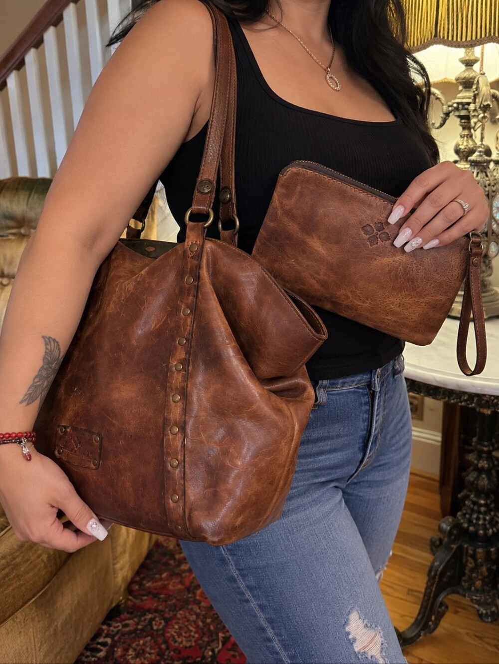 Patricia Nash Genuine Leather Brown Tote Handbag & Matching Wristlet Clutch Set